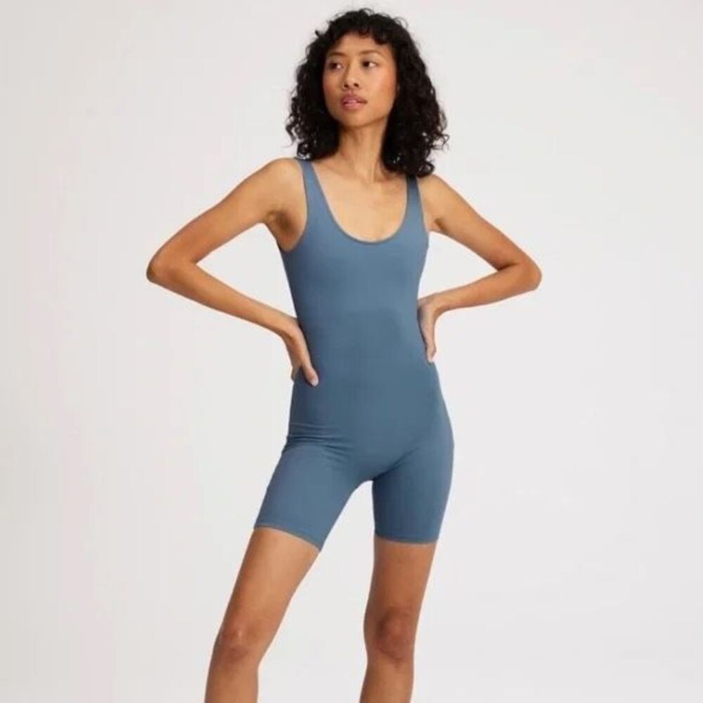 Girlfriend Collective Bike Unitard Blue Scoop Neck Shorts Romper Size Medium